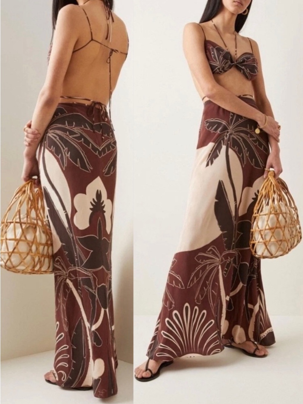 Johanna Ortiz Lazy Days Two Piece Silk Maxi Dress Skirt Bralette 8 NWT Tropical